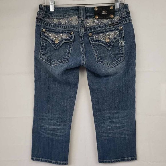 Miss Me Womens Capri Jeans Blue Stretch Embroidered Medium Wash Low Rise 28 - Picture 3 of 12